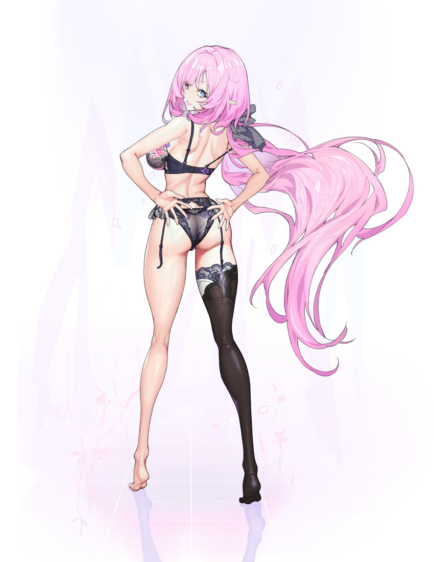 1girl absurdres ass back black_bow black_bra black_panties black_thighhighs blue_eyes bow bra breasts closed_mouth elf elysia_(honkai_impact) full_body guratan hair_bow hands_on_own_hips highres honkai_(series) honkai_impact_3rd kneepits large_breasts lingerie long_hair looking_at_viewer looking_back panties pink_hair pointy_ears reflective_floor single_thighhigh smile soles solo standing thighhighs tiptoes underwear very_long_hair