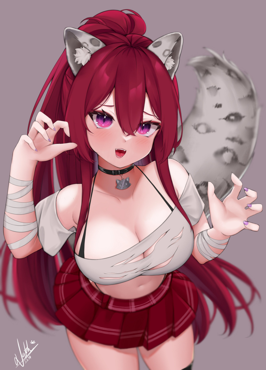 1girl absurdres animal_ear_fluff bandaged_arm bandages bikini bikini_under_clothes black_choker breasts choker cleavage collarbone crop_top dated elora_(vtuber) grey_background hair_between_eyes high_ponytail highleg highleg_bikini highres indie_virtual_youtuber leopard_girl long_hair natch_imaycz navel open_mouth pleated_skirt purple_eyes purple_nails red_hair red_skirt shirt signature skirt snow_leopard_ears snow_leopard_girl snow_leopard_tail solo swimsuit torn_clothes torn_shirt virtual_youtuber