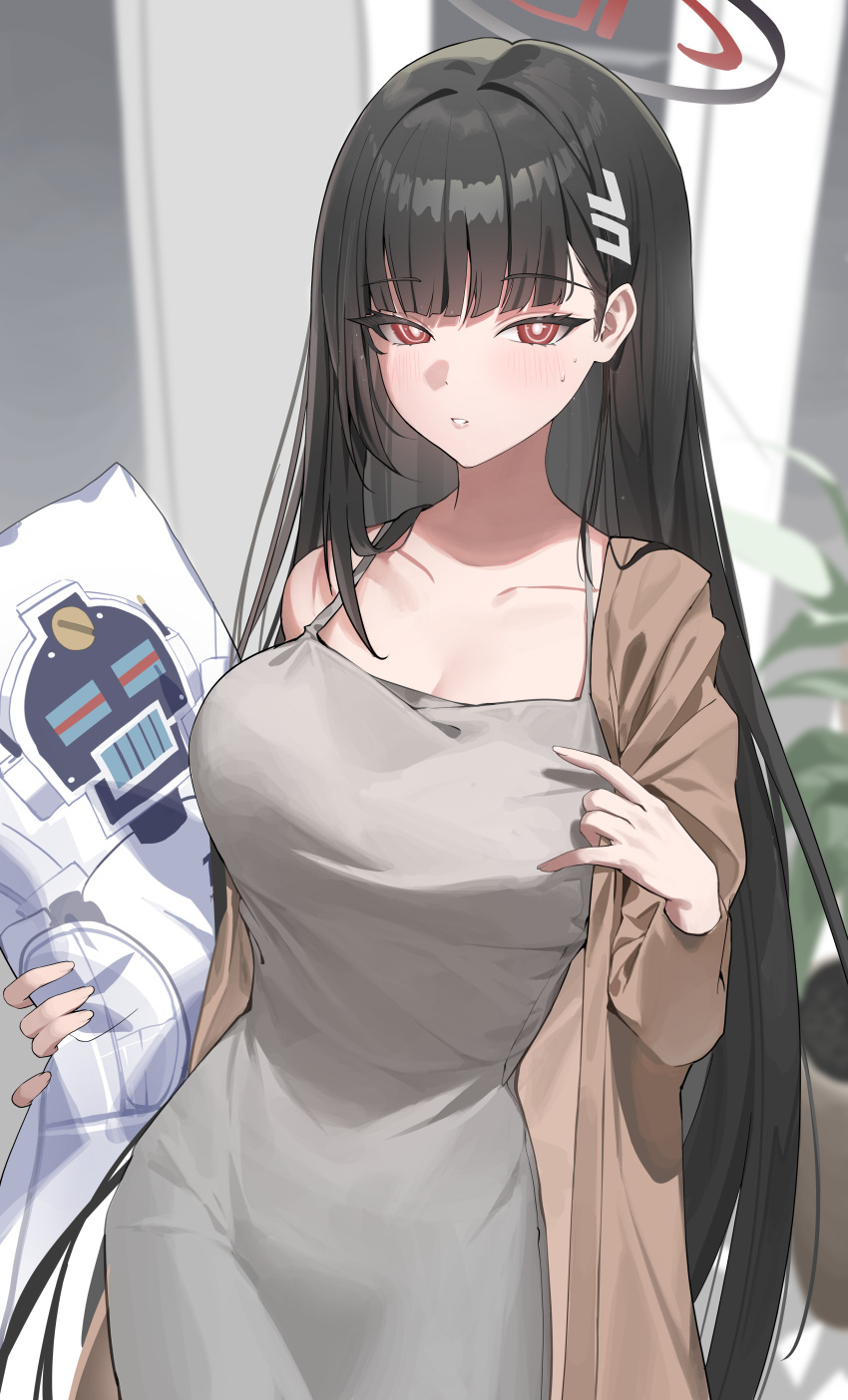 1girl :o absurdres alternate_costume avant_garde_(blue_archive) black_hair blue_archive blush breasts collarbone commentary dakimakura_(object) dongtan_dress dress grey_dress halo highres holding holding_pillow large_breasts long_hair looking_at_viewer meme_attire pillow red_eyes rio_(blue_archive) single_bare_shoulder solo straight_hair very_long_hair yo_owl