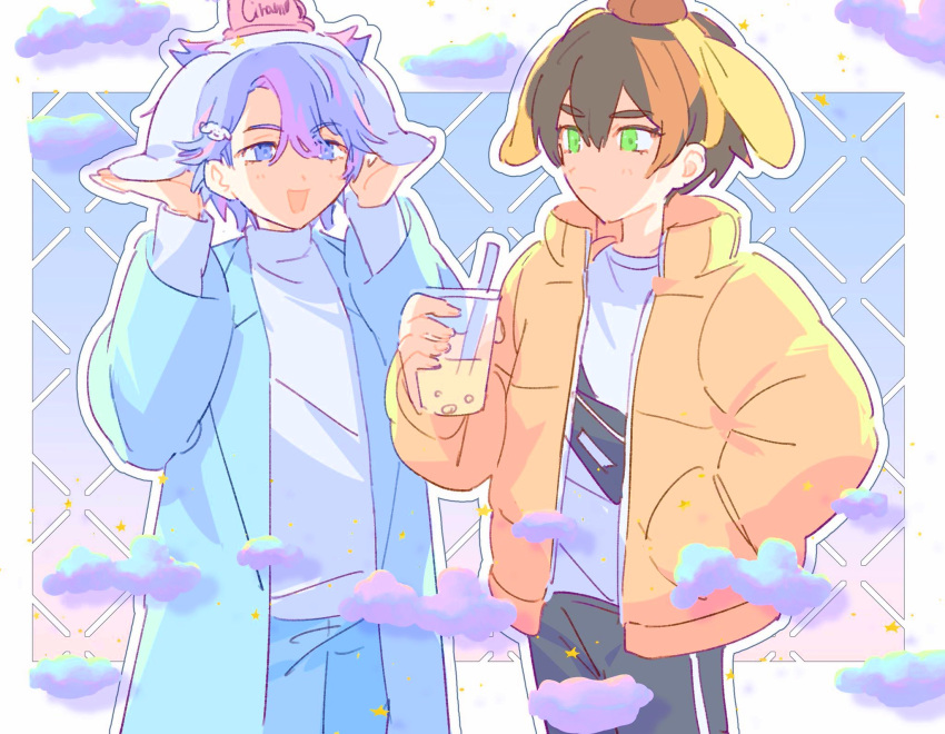 2boys animal_ear_hairband animal_ears black_pants blue_coat blue_eyes blue_hair blue_pants brown_hair cinnamoroll closed_mouth cloud coat commentary_request cowboy_shot cup disposable_cup fake_animal_ears green_eyes hairband hand_in_pocket hands_up highres holding holding_cup hughie_(pretty_series) ibuki_touma jacket long_sleeves looking_at_another male_focus moshao_(sarada1717) multicolored_hair multiple_boys open_mouth pants pink_hair pompompurin pretty_series sanrio short_hair smile standing streaked_hair sweater waccha_primagi! white_sweater yellow_hairband yellow_jacket