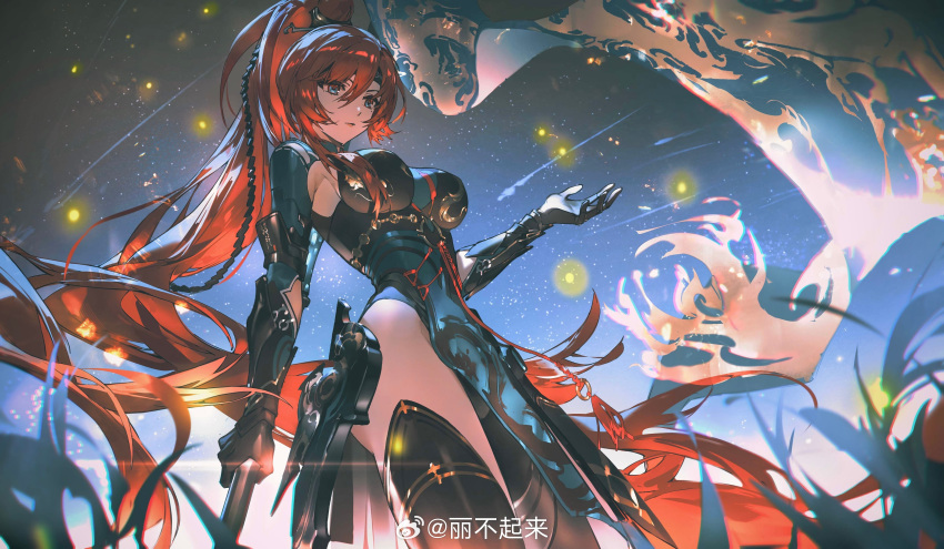 1girl absurdres banner black_dress black_headband black_thighhighs blue_eyes breasts chinese_commentary commentary_request dress from_below hair_between_eyes hair_ornament hashtag-only_commentary headband highres holding holding_polearm holding_weapon large_breasts libuqilai long_hair mechanical_arms mechanical_parts multicolored_eyes official_alternate_costume pelvic_curtain polearm punishing:_gray_raven red_eyes red_hair shooting_star sidelocks sky solo star_(sky) starry_sky thighhighs vera:_garnet_(punishing:_gray_raven) vera_(punishing:_gray_raven) very_long_hair weapon weibo_watermark