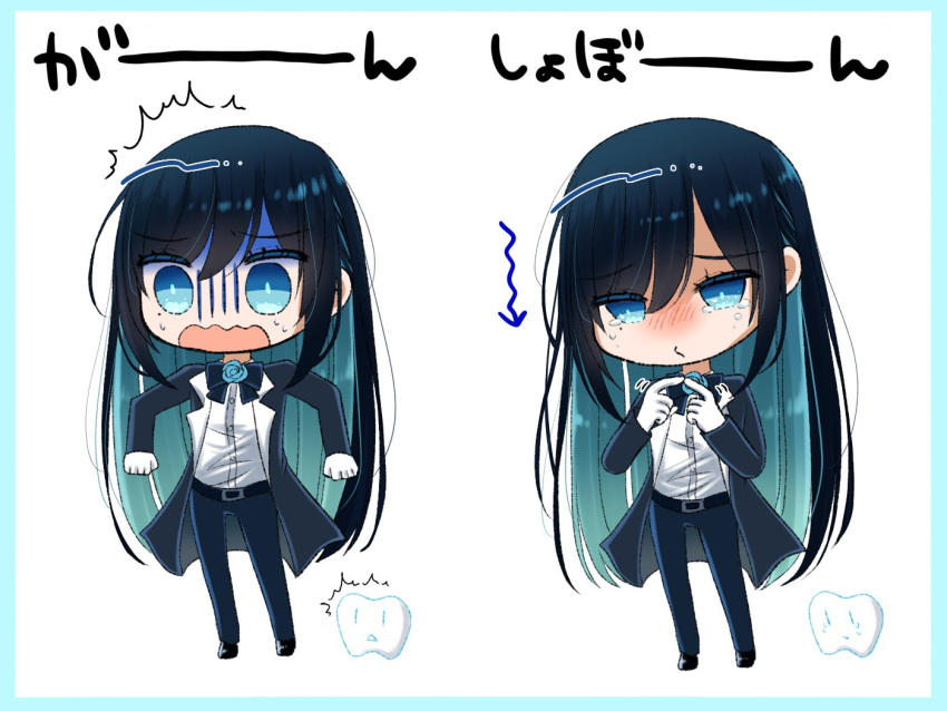 1girl ado_(utaite) belt belt_buckle black_belt black_bow black_bowtie black_coat black_hair black_pants blue_border blue_eyes blue_flower blue_hair blue_rose blush border bow bowtie buckle chando_(ado) chibi closed_mouth cloud_nine_inc coat colored_inner_hair commentary_request dress_shirt flower flower_brooch gloves index_fingers_together long_hair long_sleeves mole mole_under_eye multicolored_hair multiple_views nervous_sweating open_clothes open_coat open_mouth outside_border pants rose shirt shoko_(gs_music11) sidelocks standing sweat tearing_up translation_request utaite very_long_hair wavy_mouth white_background white_gloves white_shirt