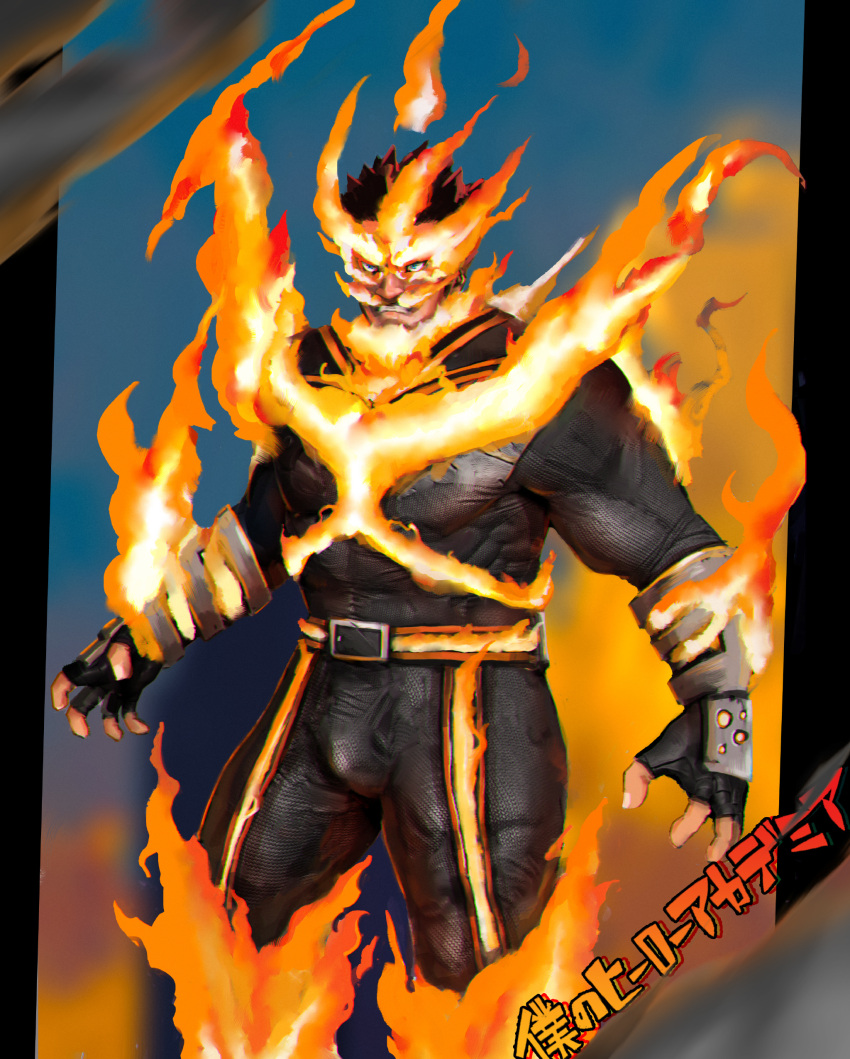 1boy absurdres bara blue_bodysuit blue_eyes bodysuit boku_no_hero_academia bulge cowboy_shot endeavor_(boku_no_hero_academia) fiery_hair fire highres large_pectorals male_focus mature_male muscular muscular_male pectorals pyrokinesis short_hair solo spiked_hair strongman_waist superhero_costume thick_thighs thighs tsurime yueliang_lian_(1570050215)