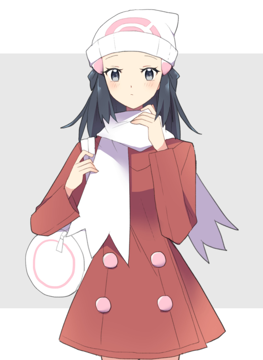 1girl bag beanie black_hair blush buttons closed_mouth coat commentary_request dawn_(pokemon) duffel_bag eyelashes grey_background grey_eyes hair_ornament hairclip hat highres long_hair long_sleeves ohn_pkmn pokemon pokemon_dppt pokemon_platinum red_coat scarf sidelocks solo white_bag white_hat white_scarf
