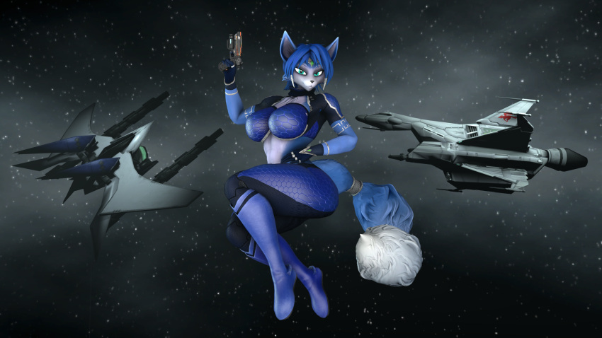 16:9 3d_(artwork) accessory anthro arwing blaster blue_body blue_fur blue_hair blue_tail bodysuit canid canine clothed clothing digital_media_(artwork) female fluffy fluffy_tail fox fur furgonomics great_fox hair hi_res humanoid jewelry krystal_(star_fox) krystal_appreciation_month looking_at_viewer mammal multicolored_body multicolored_ears multicolored_fur multicolored_tail nintendo pinup pose silver_(metal) silver_jewelry skinsuit solo source_filmmaker space star_fox tail tail_accessory tailband thevestige tight_clothing warfare_krystal white_body white_fur white_inner_ear white_tail widescreen