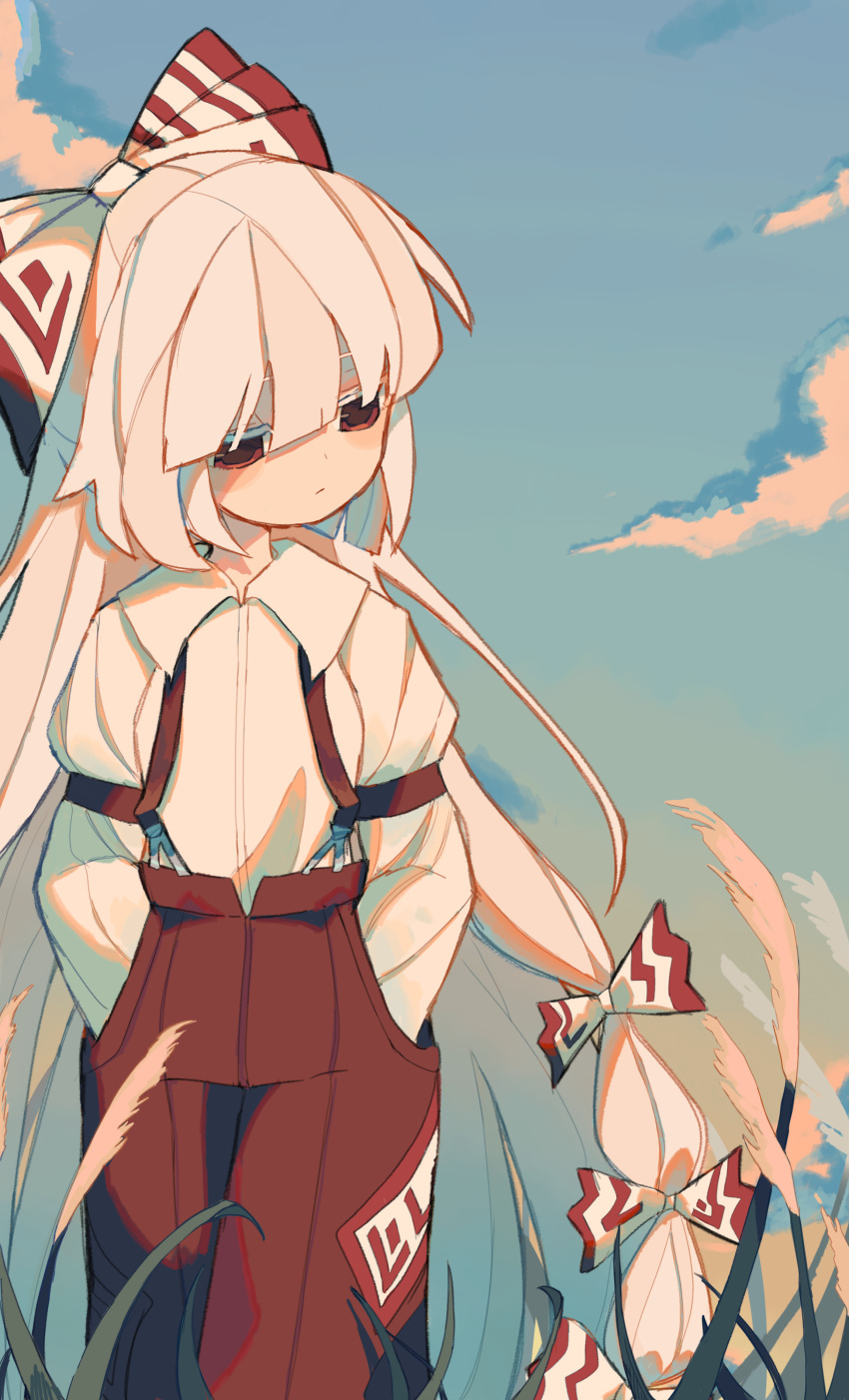 1girl absurdres arm_strap blue_sky bow closed_mouth cloud collared_shirt commentary_request cowboy_shot expressionless fujiwara_no_mokou hair_bow hands_in_pockets highres long_hair long_sleeves meonjiuikkum multiple_hair_bows outdoors pants red_bow red_eyes red_pants reeds shirt sky solo suspenders touhou two-tone_bow very_long_hair white_bow white_hair white_shirt