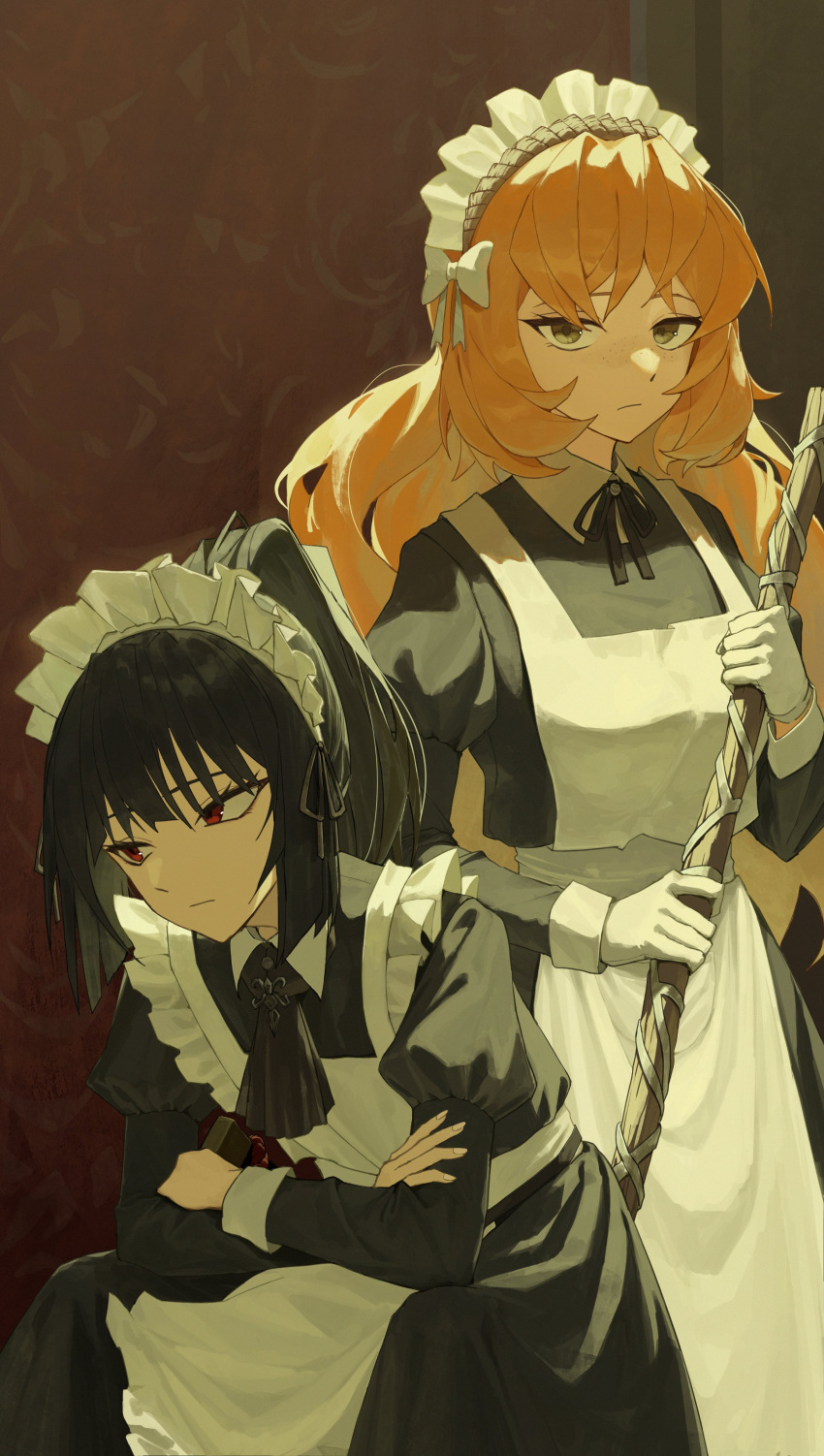 2girls absurdres apron ascot black_ascot black_dress black_hair black_ribbon broom closed_mouth dress gloves green_eyes high_ponytail highres holding holding_broom indoors ishmael_(project_moon) juliet_sleeves limbus_company long_hair long_sleeves looking_at_viewer maid maid_headdress medium_hair multiple_girls neck_ribbon orange_hair project_moon puffy_sleeves red_eyes ribbon ryoshu_(project_moon) sidelocks sinlu very_long_hair white_apron white_gloves