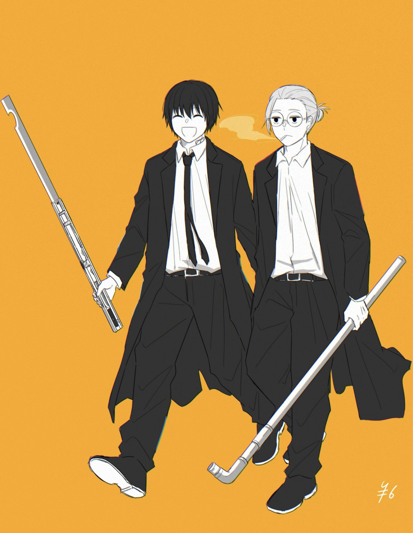 2boys black_hair black_necktie black_suit cigarette closed_eyes collared_shirt glasses grey_hair highres holding holding_weapon improvised_weapon multiple_boys nagumo_(sakamoto_days) neck_tattoo necktie rokuen_skd sakamoto_days sakamoto_taro shirt smoke_trail smoking suit sword tattoo weapon white_shirt