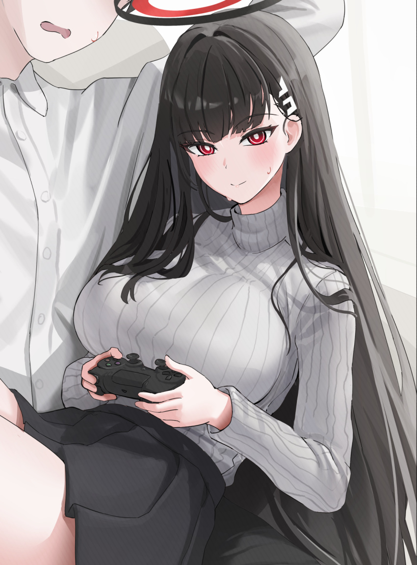 1boy 1girl black_hair black_skirt blue_archive blush breasts commentary controller game_controller halo highres holding holding_controller holding_game_controller huge_breasts kazawa_ushi light_smile long_hair long_sleeves looking_at_viewer red_eyes ribbed_sweater ringed_eyes rio_(blue_archive) sensei_(blue_archive) sitting skirt solo_focus straight_hair sweatdrop sweater sweater_tucked_in symbol-only_commentary very_long_hair white_sweater