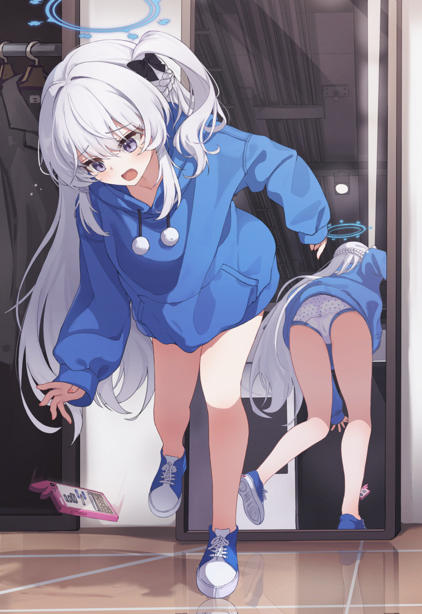 1girl ass blue_archive blue_eyes blue_footwear blue_hair blue_halo blue_hoodie cellphone clothes_hanger commentary_request cross-laced_footwear dropped_object full_body halo highres hood hood_down hoodie light_blue_hair long_hair long_sleeves looking_down mirror miyako_(blue_archive) miyako_(young)_(blue_archive) no_pants official_alternate_costume one_side_up open_mouth panties phone polka_dot polka_dot_panties pom_pom_(clothes) puffy_long_sleeves puffy_sleeves reflection reflective_floor ripnte solo standing standing_on_one_leg underwear very_long_hair white_panties