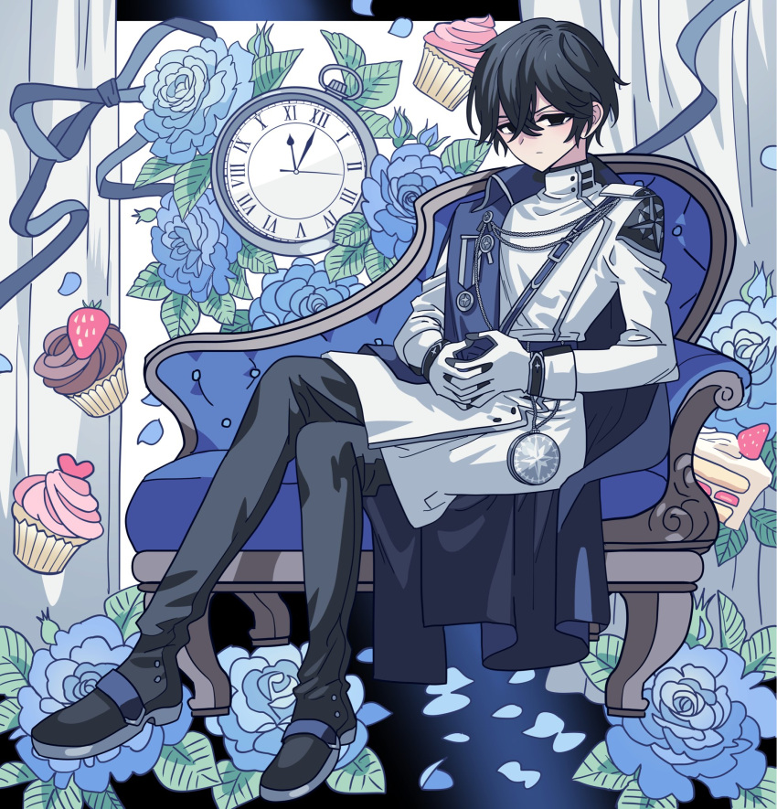 1boy bad_id bad_twitter_id black_eyes black_footwear black_hair black_pants blue_flower blue_ribbon blue_rose clock closed_mouth compass couch crossed_legs cupcake curtains flower food full_body gloves hair_between_eyes highres interlocked_fingers jacket long_sleeves looking_at_viewer male_focus meremero on_couch original own_hands_together pants ribbon rose shoes short_hair sitting solo white_gloves white_jacket