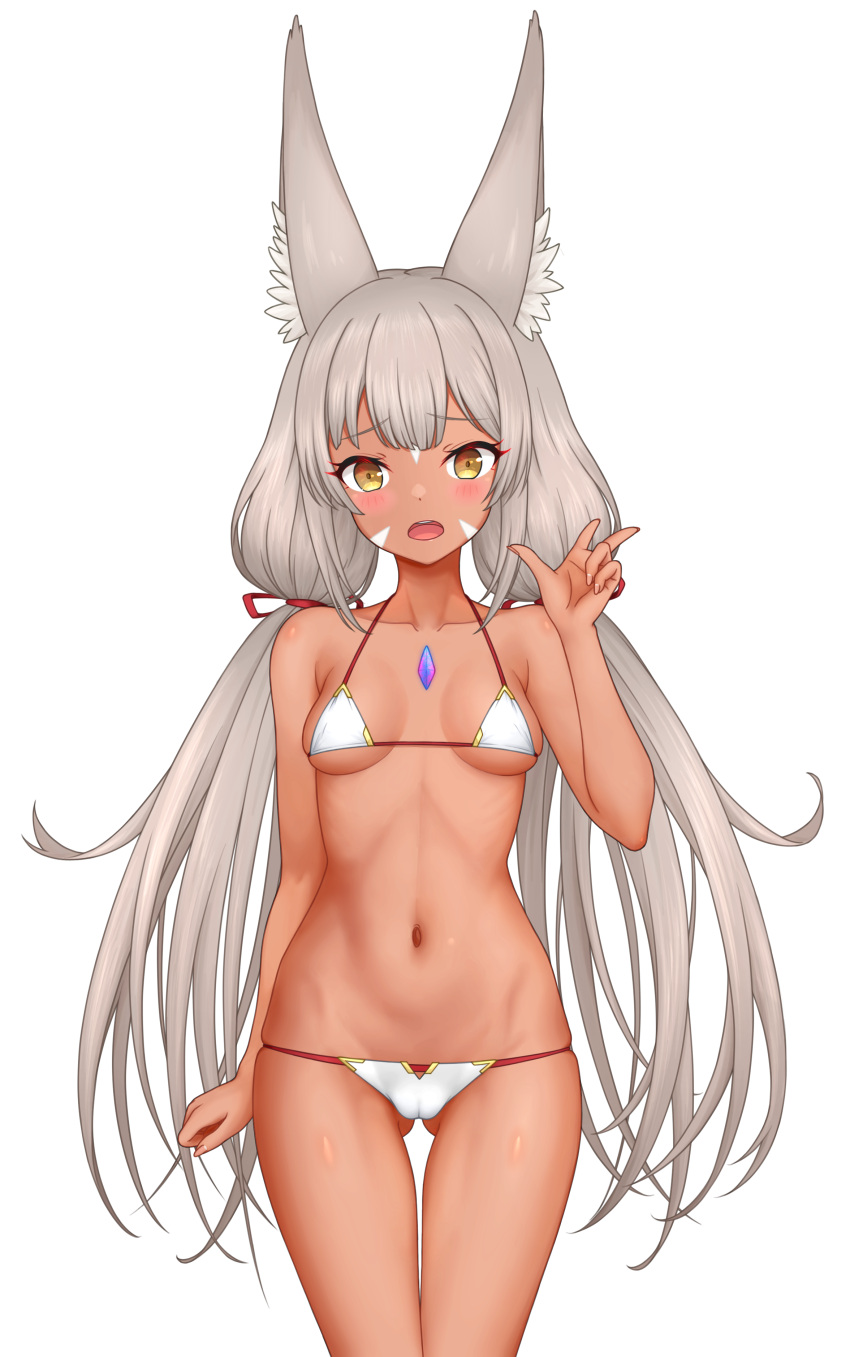 1girl :d absurdres animal_ears ass_visible_through_thighs bikini blush breasts brown_hair cameltoe cat_ears cat_girl core_crystal_(xenoblade) feichu_keju fingernails highres long_hair looking_at_viewer navel nia_(blade)_(xenoblade) nia_(xenoblade) open_mouth simple_background small_breasts smile solo stomach swimsuit tan twintails very_long_hair w white_background white_bikini xenoblade_chronicles_(series) xenoblade_chronicles_2 yellow_eyes