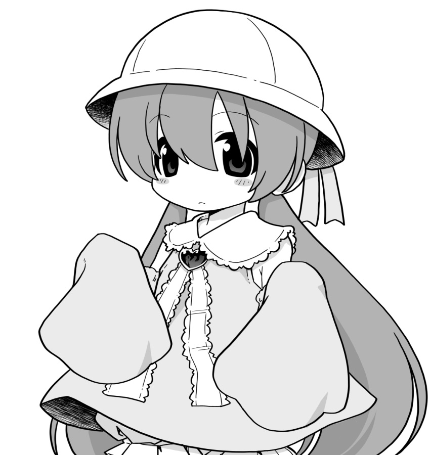 1girl bloomers blush_stickers brooch closed_mouth collared_dress cowboy_shot detached_sleeves dress flat_chest greyscale hands_up hat heart heart_brooch highres jewelry long_hair looking_at_viewer low_twintails monochrome neck_ribbon peter_pan_collar ribbon school_hat short_dress sleeveless sleeveless_dress sleeves_past_fingers sleeves_past_wrists solo standing tsukuyomi_ai twintails very_long_hair voiceroid yunji