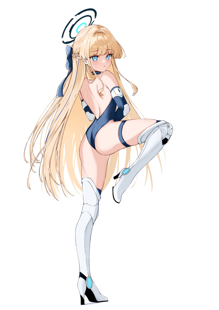 1girl blonde_hair blue_archive blue_bow blue_eyes blush boots bow chimatori closed_mouth full_body highres leotard light_brown_hair looking_at_viewer multicolored_hair simple_background solo standing streaked_hair toki_(blue_archive)