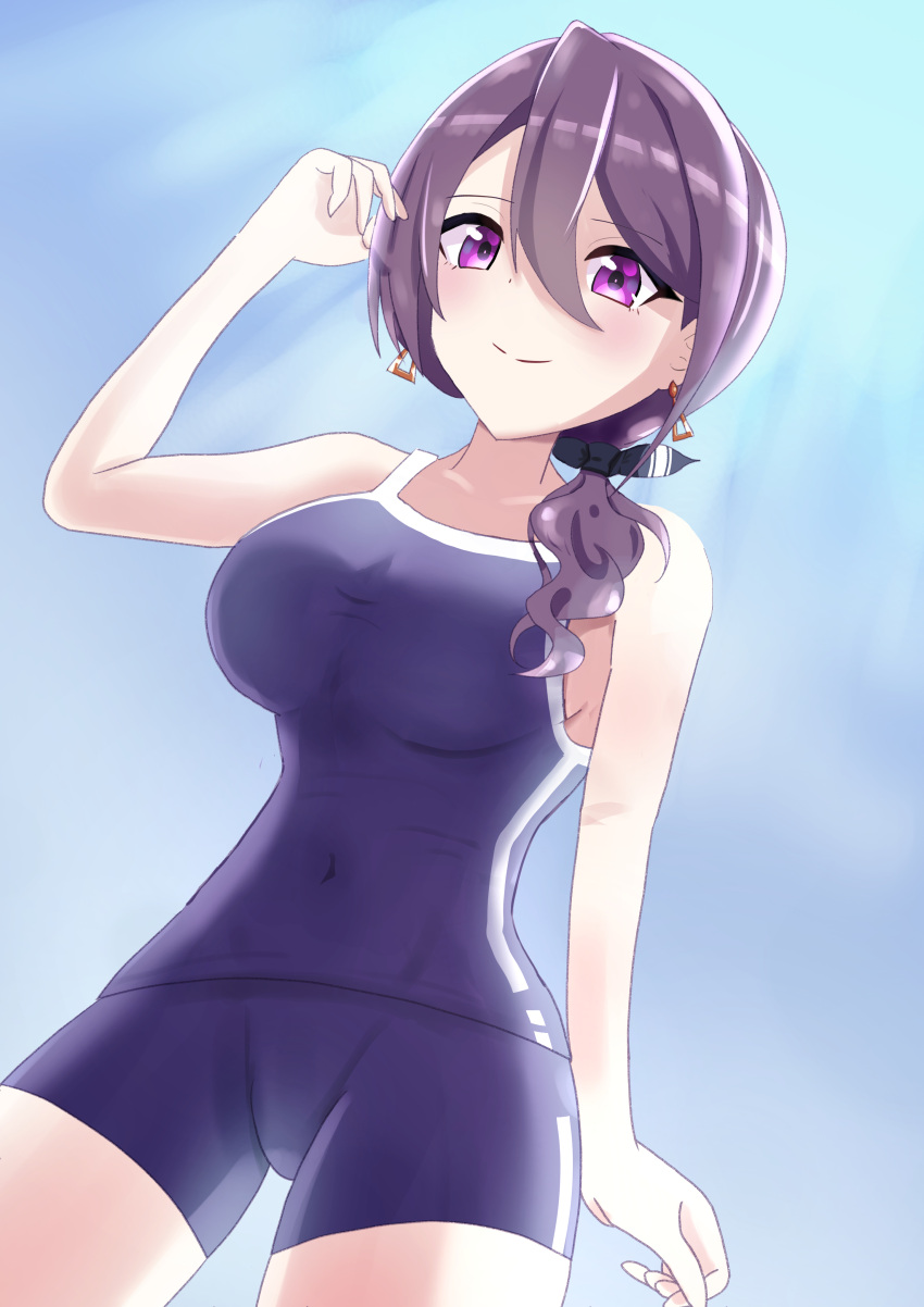 1girl absurdres alternate_costume bare_shoulders black_ribbon blue_one-piece_swimsuit breasts competition_school_swimsuit earrings hair_between_eyes hair_ribbon highres jewelry large_breasts long_hair looking_at_viewer magune one-piece_swimsuit purple_eyes purple_hair ribbon school_swimsuit single_vertical_stripe smile solo swimsuit tracen_swimsuit tsurugi_ryoka umamusume