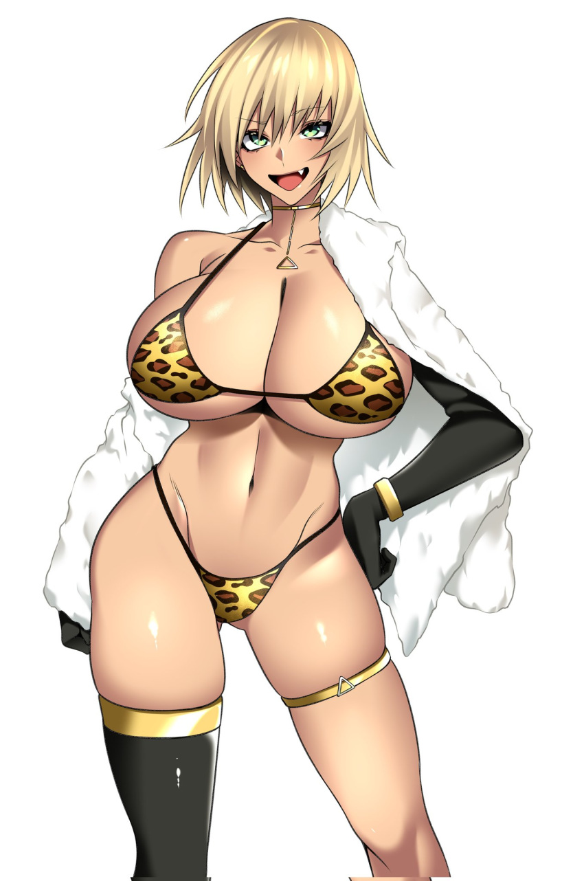 1girl :d animal_print bikini black_footwear black_gloves black_thighhighs border breasts coat commission cropped elbow_gloves fang full_body fur_coat gloves gold_bikini green_eyes grey_background hand_on_own_hip highres huge_breasts hz_(666v) jacket jewelry leopard_print necklace off_shoulder open_clothes original second-party_source short_hair single_elbow_glove single_thighhigh skeb_commission smile standing swimsuit thighhighs triangle_necklace white_border white_coat