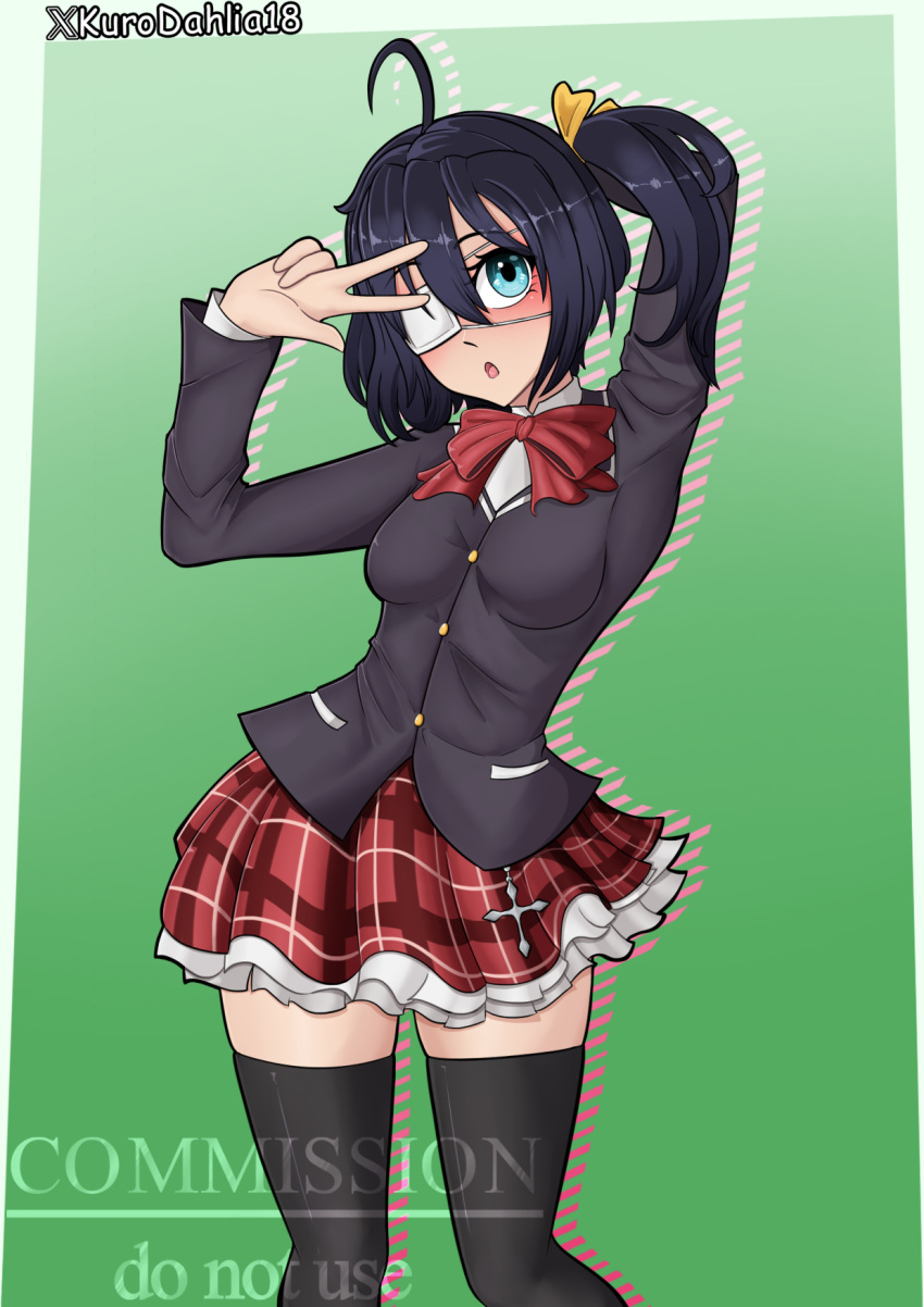 arm_up black_hair blue_eyes blush bow breasts checkered_clothes checkered_skirt cross eyepatch hair_bow highres kurodahlia18 medical_eyepatch necktie open_mouth red_necktie salute school_uniform side_ponytail skirt small_breasts takanashi_rikka thighhighs two-finger_salute