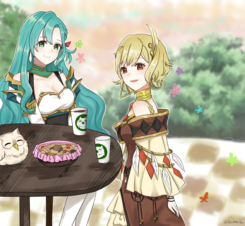 2girls :d aqua_hair armor bare_shoulders bird blonde_hair brand_name_imitation breasts brown_dress checkerboard_cookie chloe_(fire_emblem) citrinne_(fire_emblem) cleavage coffee_cup commentary_request cookie cup disposable_cup dress earrings feathers feh_(fire_emblem_heroes) fire_emblem fire_emblem_engage fire_emblem_heroes food green_eyes highres jewelry long_hair looking_at_viewer medium_breasts multiple_girls otokajife owl red_eyes short_hair shoulder_armor smile starbucks table very_long_hair