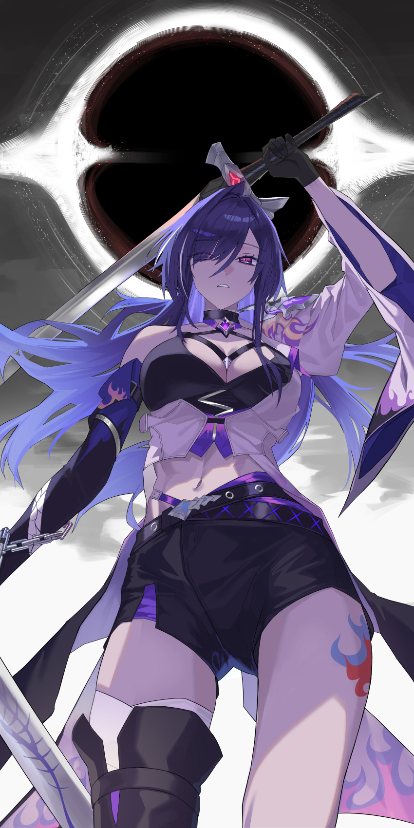 1girl absurdres acheron_(honkai:_star_rail) arm_up armor asymmetrical_legwear bandaged_leg bandages belt black_choker black_gloves black_hole black_shorts breasts chain chain_around_arm choker cleavage coat coattails cowboy_shot criss-cross_halter detached_sleeves eyes_visible_through_hair gloves hair_over_one_eye halterneck highres holding holding_sword holding_weapon honkai:_star_rail honkai_(series) katana large_breasts leg_tattoo long_hair long_sleeves looking_at_viewer midriff multicolored_hair navel parted_lips pigpotato purple_eyes purple_hair scabbard sheath shorts shoulder_armor single_bare_shoulder solo standing streaked_hair sword tattoo thighs very_long_hair weapon white_coat