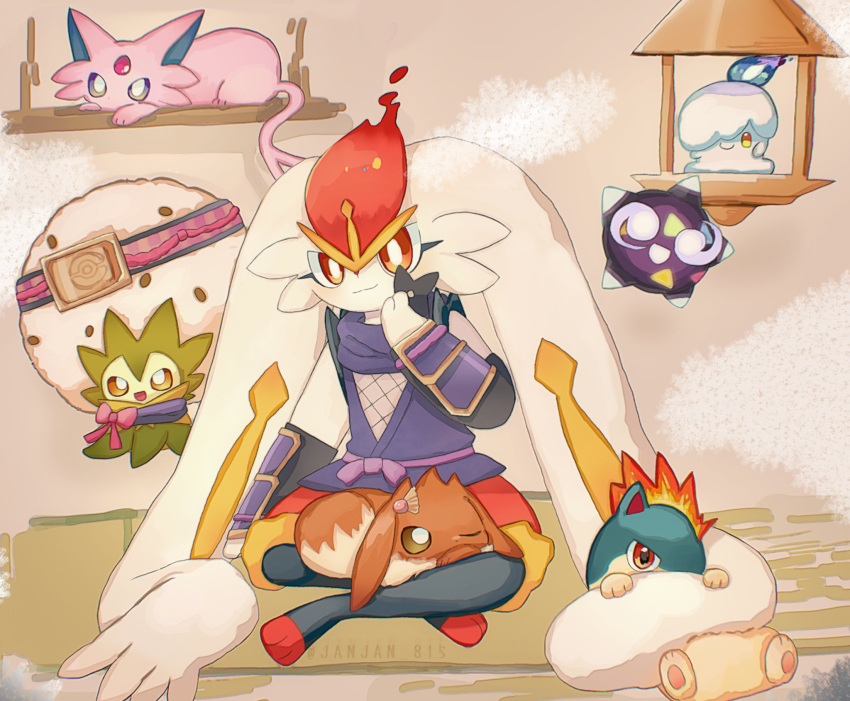 alternate_color bow bright_pupils brown_fur cinderace closed_mouth commentary eevee eldegoss espeon fiery_hair fire forehead_jewel forked_tail furry headband highres janjan_815 litwick looking_at_viewer minior one_eye_closed pawpads pink_bow pokemon pokemon_(creature) purple_fire quilava red_eyes shiny_pokemon sitting smile symbol-only_commentary tail white_pupils yellow_eyes