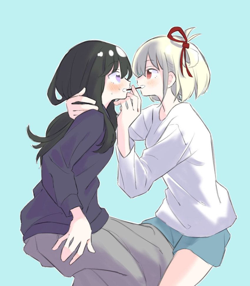 2girls black_hair black_shirt blonde_hair blue_background blue_shorts blush commentary_request cowboy_shot eye_contact food grey_skirt hair_ribbon hand_on_another's_neck highres inoue_takina long_hair long_sleeves looking_at_another lycoris_recoil medium_hair multiple_girls nervous_sweating nishikigi_chisato one_side_up open_mouth pocky pocky_kiss purple_eyes red_eyes red_ribbon ribbon shirt shorts simple_background skirt smile sweat syonosuke9573 white_shirt yuri