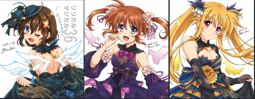 3girls bardiche_(nanoha) bare_back bare_shoulders blonde_hair blue_eyes blush breasts brown_hair cleavage closed_mouth dated dress fate_testarossa hair_ornament hair_scrunchie highres long_hair looking_at_viewer looking_back lyrical_nanoha mahou_shoujo_lyrical_nanoha mahou_shoujo_lyrical_nanoha_a's multiple_girls one_eye_closed open_mouth red_eyes san-pon scrunchie short_hair shoulder_blades signature simple_background small_breasts smile star_(symbol) star_hair_ornament takamachi_nanoha twintails upper_body white_background yagami_hayate