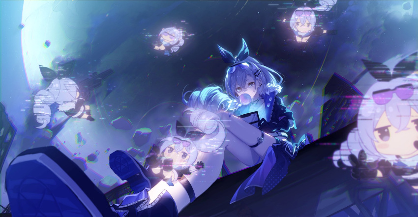 1girl black_shorts blowing_bubbles chewing_gum crossed_bangs drill_hair drill_ponytail earrings eyewear_on_head foreshortening fur-trimmed_jacket fur_trim goggles grey_hair hair_ribbon high_ponytail highres hologram honkai:_star_rail honkai_(series) jacket jewelry planet ribbon shorts silver_wolf_(honkai:_star_rail) single_drill sitting solo thigh_strap tinted_eyewear zassyoku_dd