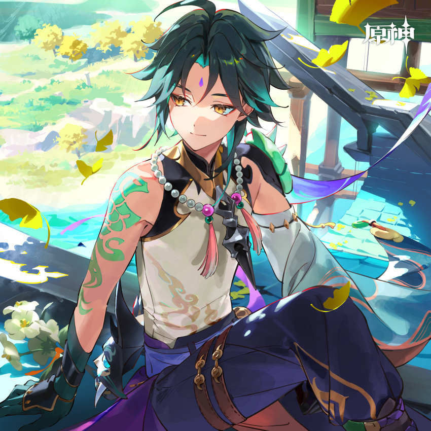 1boy absurdres ahoge arm_tattoo bare_shoulders blue_pants commentary_request copyright_name detached_sleeves dsmile facial_mark forehead_mark genshin_impact green_hair highres male_focus official_art pants second-party_source shirt short_hair single_sleeve sitting sleeveless sleeveless_shirt smile solo tattoo white_shirt xiao_(genshin_impact) yellow_eyes