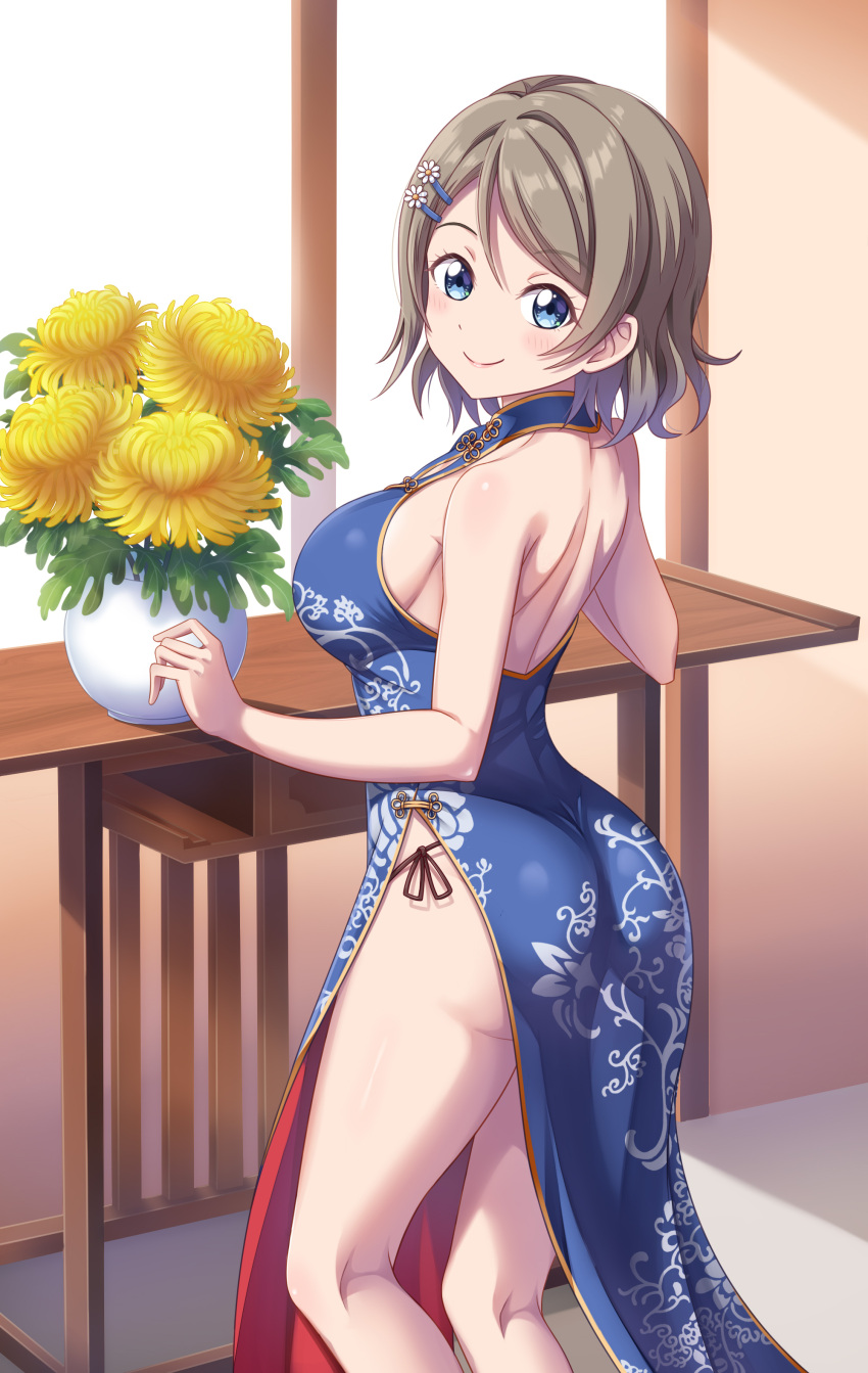 1girl absurdres ass back bare_shoulders breasts brown_hair china_dress chinese_clothes dress from_behind hair_ornament highres large_breasts looking_at_viewer love_live! love_live!_sunshine!! short_hair sideboob solo thighs tsukimi_seiya watanabe_you wavy_hair