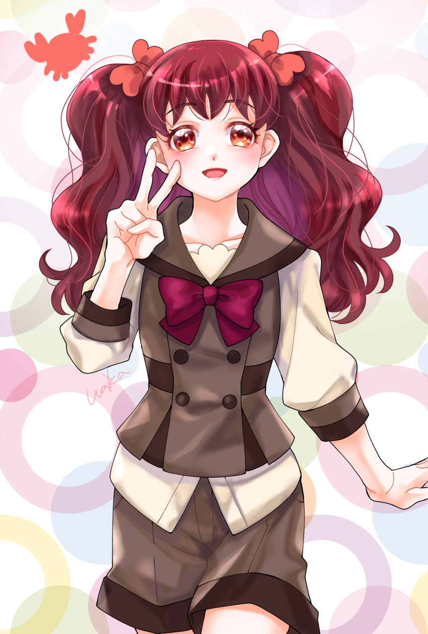 1girl artist_name blouse bow bowtie brown_sailor_collar brown_shorts brown_vest cowboy_shot crab hair_bow half-closed_eyes highres kanie_(precure) looking_at_viewer open_mouth precure purple_bow purple_bowtie red_bow red_eyes red_hair sailor_collar school_uniform second_wangan_school_uniform shirt short_shorts shorts signature smile solo standing twintails v vest waka_(negronoir) white_shirt wonderful_precure!