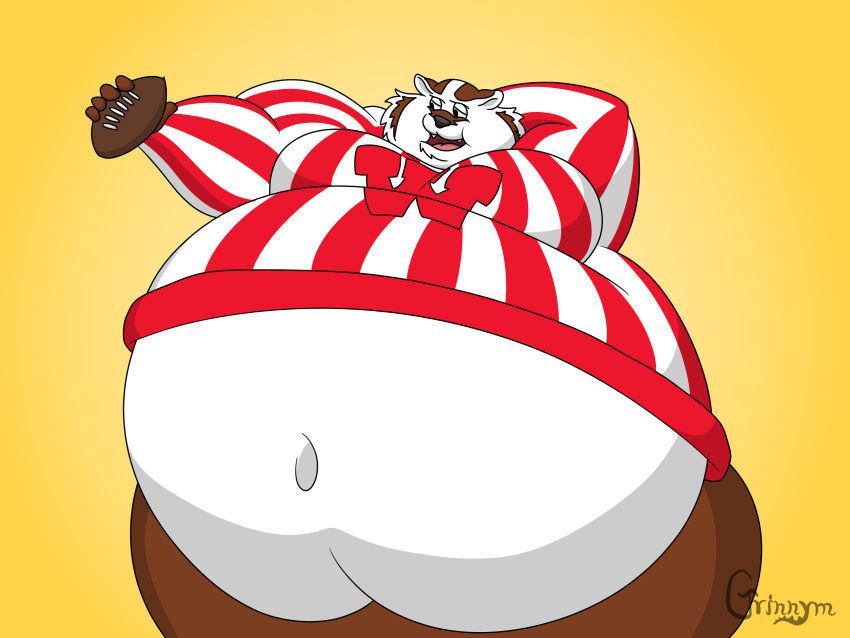 5_fingers american_football anthro badger belly big_belly black_nose bottomwear bucky_badger clothed clothing college_football deep_navel fingers fur grinnym hi_res male mammal mascot morbidly_obese morbidly_obese_anthro morbidly_obese_male multicolored_body multicolored_fur mustelid musteline navel obese obese_anthro obese_male open_mouth overweight overweight_anthro overweight_male pants pink_tongue shirt simple_background solo sport standing tongue topwear white_body white_fur wisconsin wisconsin_badgers yellow_background