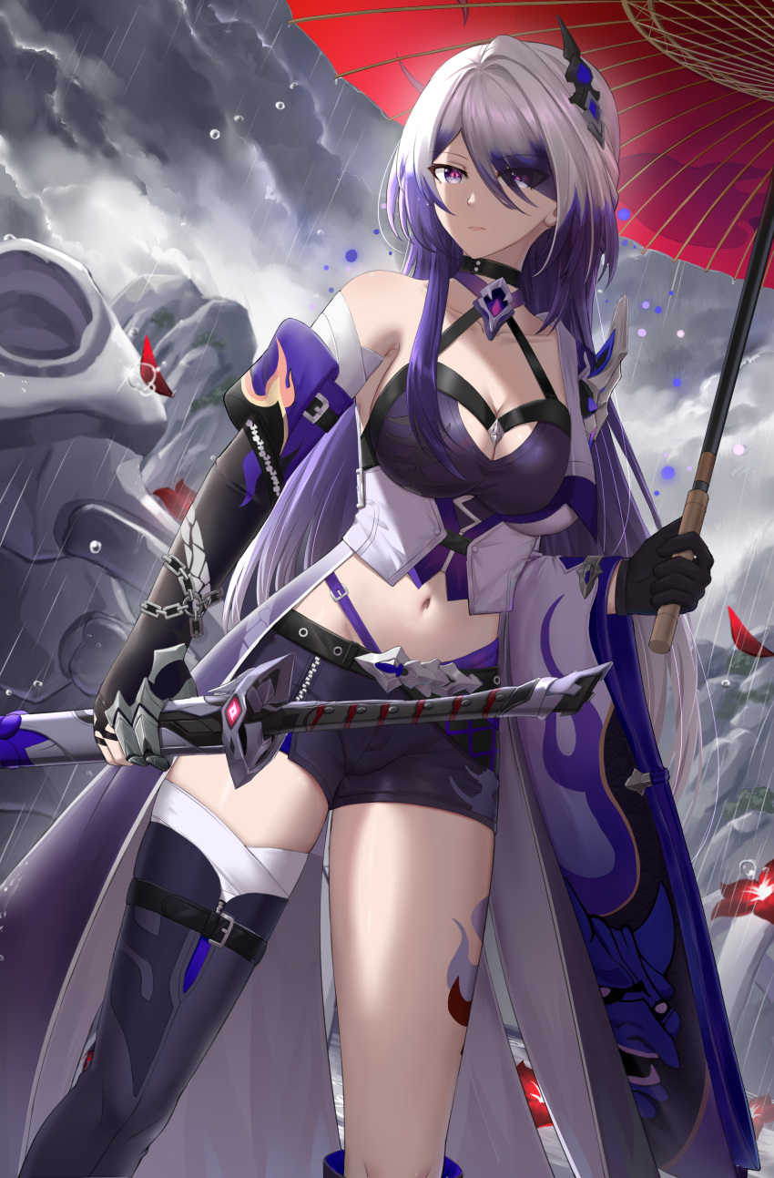 1girl absurdres acheron_(honkai:_star_rail) asymmetrical_gloves bandaged_arm bandaged_leg bandages belt black_belt black_footwear black_gloves boots breasts cleavage coat commentary cowboy_shot crop_top gloves grey_hair halterneck highres holding holding_sword holding_umbrella holding_weapon honkai:_star_rail honkai_(series) katana long_hair looking_at_viewer medium_breasts midriff multicolored_hair navel purple_eyes purple_hair rain red_umbrella scabbard sheath sheathed single_bare_shoulder skym_(kumei) solo standing sword thigh_boots thighs two-tone_hair umbrella very_long_hair weapon white_coat