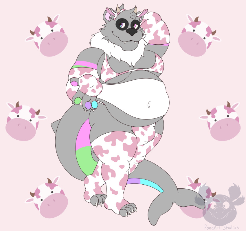 animal_print anthro arm_warmers armwear bear belly bikini bulge clothing cow_print fish fur grey_body grey_fur hi_res hybrid legwear male mammal marine moobs overweight overweight_male pondart_studios shark smile solo swimwear tail thigh_highs