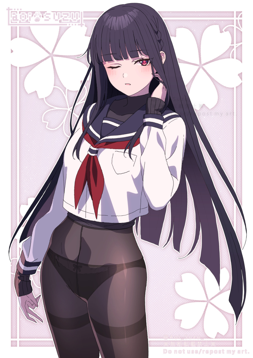 1girl aoi_suzu black_hair black_panties black_sailor_collar blush breasts brown_pantyhose covered_navel cropped_shirt highres long_hair looking_at_viewer medium_breasts neckerchief one_eye_closed original panties panties_under_pantyhose pantyhose purple_eyes red_neckerchief sailor_collar shirt solo thighband_pantyhose thighs underwear white_shirt