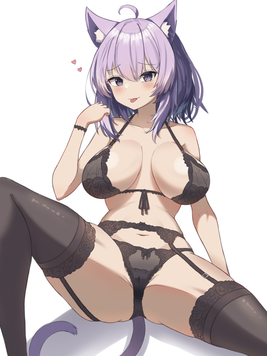 1girl absurdres ahoge animal_ear_fluff animal_ears bare_shoulders black_bra black_garter_straps black_panties black_thighhighs blush bra breasts cat_ears cat_girl cat_tail cleavage collarbone garter_straps hair_between_eyes highres hololive lace-trimmed_bra lace-trimmed_legwear lace-trimmed_panties lace_trim large_breasts lingerie looking_at_viewer navel nekomata_okayu panties purple_eyes purple_hair short_hair spread_legs tail thighhighs tongue tongue_out underwear vanillafox2035 virtual_youtuber