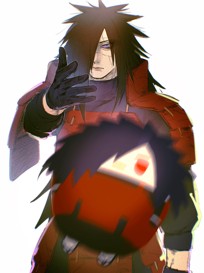 1boy armor backlighting black_gloves black_hair black_shirt closed_mouth cracked_skin edo_tensei eminem_throwing_a_fat_rat_(meme) faulds gloves gurekoguriko hair_over_one_eye highres long_hair male_focus meme naruto_(series) naruto_shippuuden red_armor red_eyes rinnegan shirt shoulder_armor simple_background solo spiked_hair stuffed_toy throwing uchiha_madara very_long_hair white_background