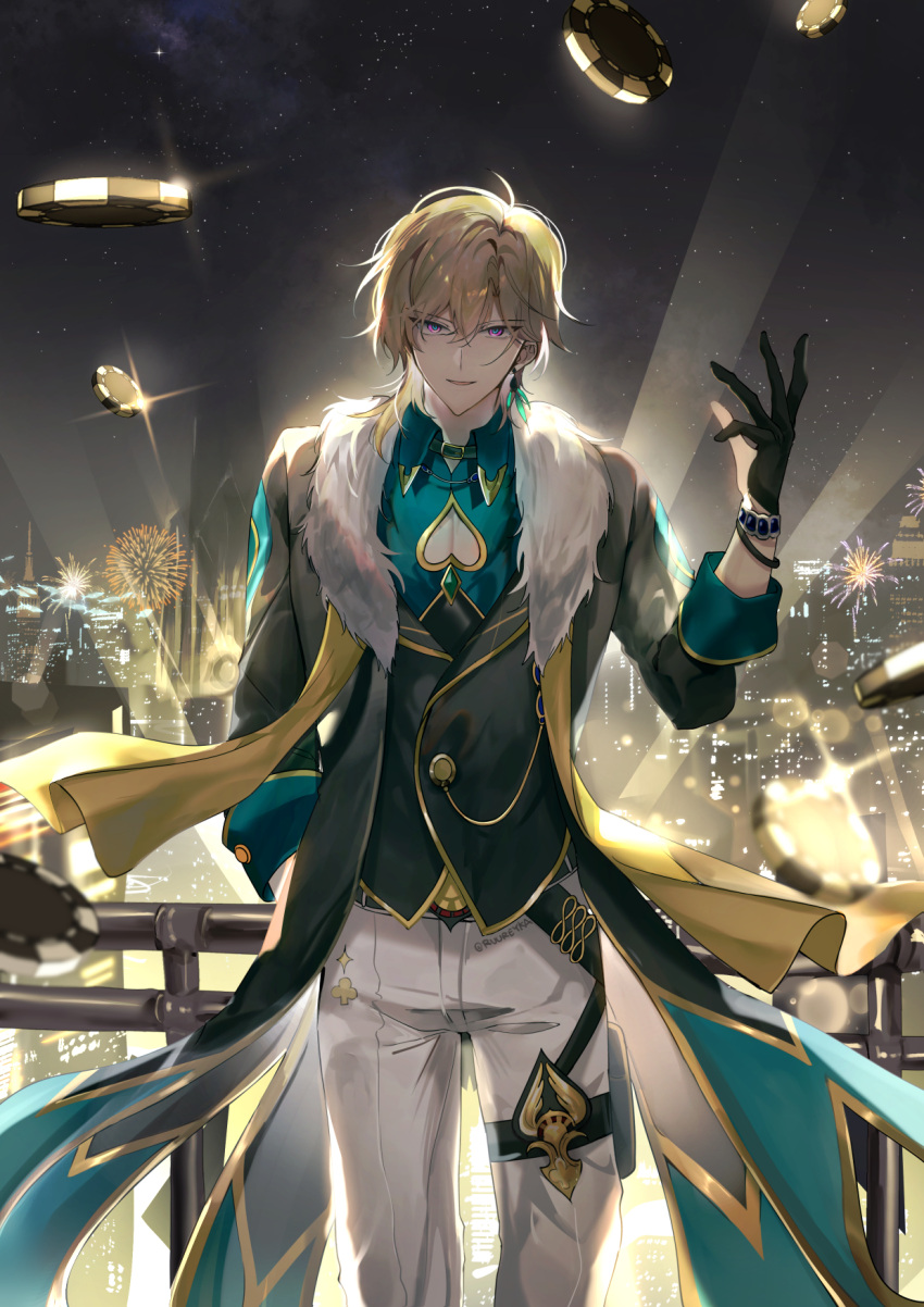 1boy aqua_shirt aventurine_(honkai:_star_rail) black_gloves blonde_hair bracelet cityscape closed_mouth clothing_cutout collared_shirt earrings fur_trim gloves hair_between_eyes highres honkai:_star_rail honkai_(series) jewelry looking_at_viewer male_focus multicolored_eyes poker_chip ruu_gi shirt short_hair solo standing