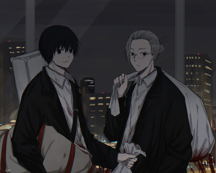 bag black_hair black_suit blood blood_drip blood_on_clothes body_bag city city_lights cityscape collared_shirt dismemberment glasses grey_hair hair_bun highres implied_murder nagumo_(sakamoto_days) night night_sky rokuen_skd sakamoto_days sakamoto_taro shirt shoulder_bag sky skyline suit weapon_bag weapon_case white_shirt