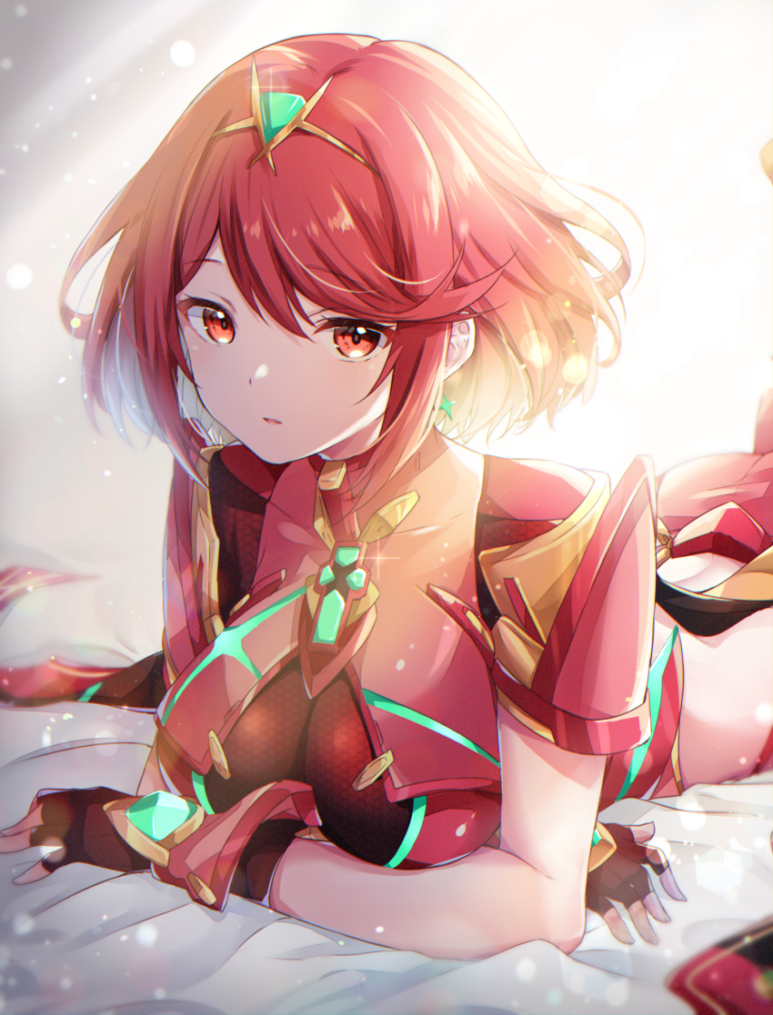 1girl breasts earrings fingerless_gloves gloves highres jewelry large_breasts light looking_at_viewer on_bed pyra_(xenoblade) red_eyes red_hair red_shorts revealing_clothes short_hair shorts solo tiara ui_frara xenoblade_chronicles_(series) xenoblade_chronicles_2