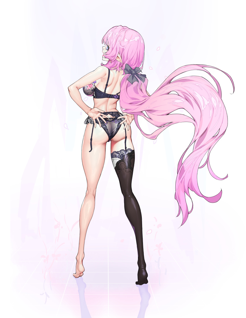 1girl absurdres ass back black_bow black_bra black_panties black_thighhighs blue_eyes bow bra breasts closed_mouth elf elysia_(honkai_impact) full_body guratan hair_bow hands_on_own_hips highres honkai_(series) honkai_impact_3rd kneepits large_breasts lingerie long_hair looking_at_viewer looking_back panties pink_hair pointy_ears reflective_floor single_thighhigh smile soles solo standing thighhighs tiptoes underwear very_long_hair