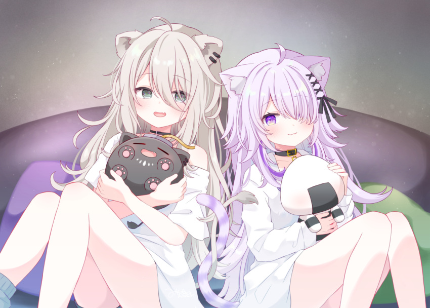 2girls ahoge animal_ear_fluff animal_ears black_choker black_collar blush cat_ears cat_girl cat_tail choker collar grey_eyes grey_hair hair_over_one_eye hololive lion_ears lion_girl lion_tail long_hair looking_at_viewer mimori_(mim0_ri) multiple_girls naked_shirt nekomata_okayu nekomata_okayu_(oversized_shirt) official_alternate_costume onigirya_(nekomata_okayu) purple_eyes purple_hair shirt shishiro_botan shishiro_botan_(casual) smile ssrb_(shishiro_botan) tail virtual_youtuber white_shirt