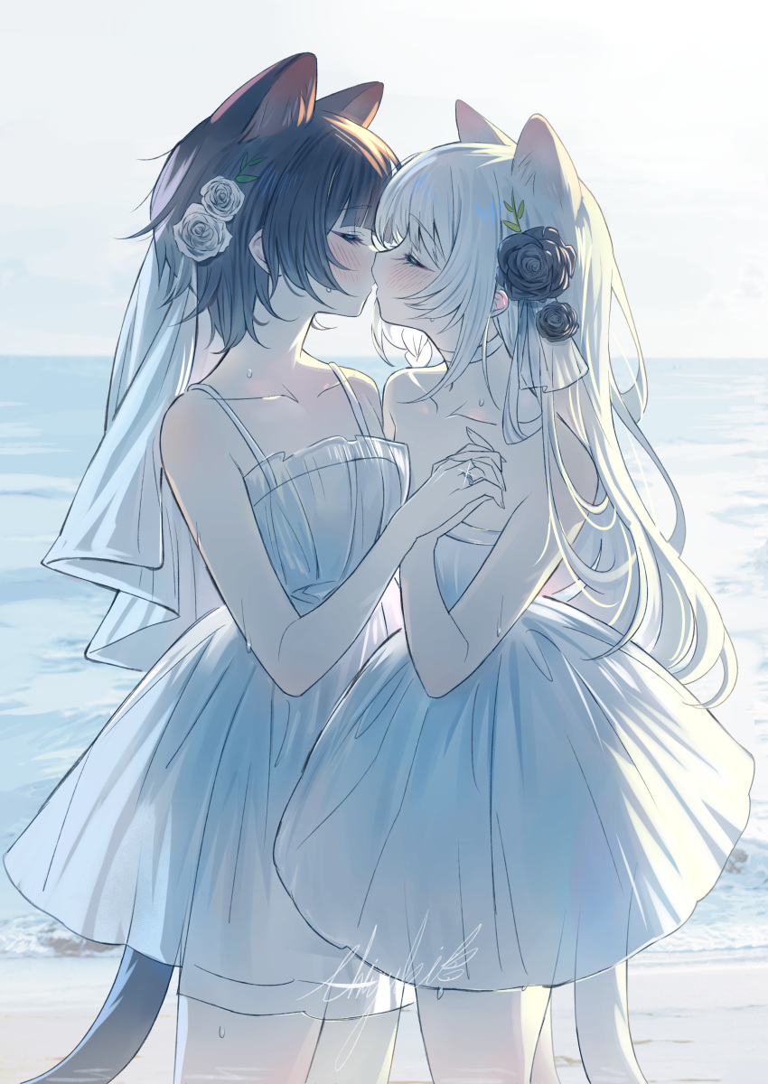 2girls absurdres animal_ears bare_arms black_flower black_hair black_rose blush bridal_veil cat_ears cat_girl cat_tail chiyuki0321 closed_eyes collarbone commentary_request cowboy_shot day dress flower hair_flower hair_ornament highres holding_hands horizon interlocked_fingers jewelry kiss long_hair multiple_girls ocean original outdoors ring rose short_hair sign sleeveless sleeveless_dress sweat tail veil wedding_ring white_dress white_flower white_hair white_rose wife_and_wife yuri