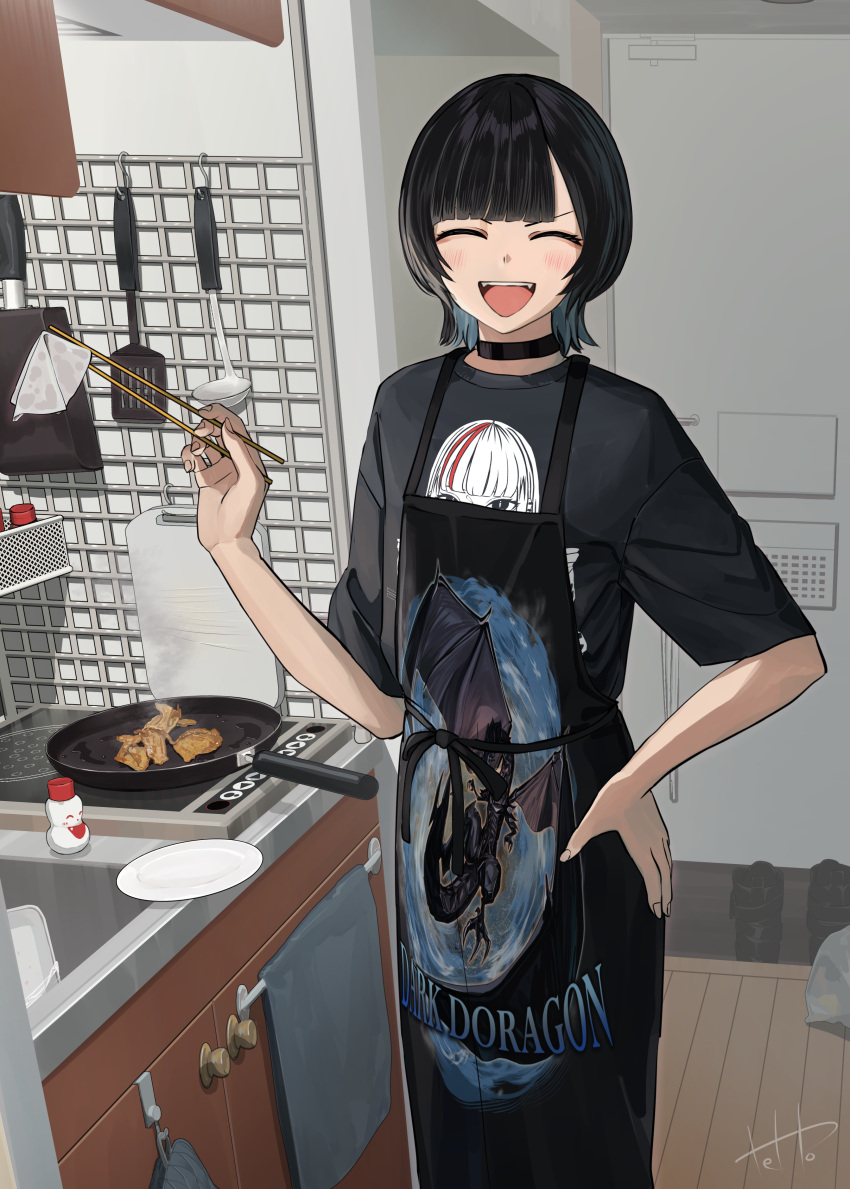 1girl :d ^_^ absurdres apron black_choker black_hair blue_hair choker chopsticks closed_eyes commentary_request cooking cutting_board douryou_(buta5813) fangs frying_pan hand_on_own_hip highres indoors kitchen ladle multicolored_hair original smile solo spatula stove tamagoyaki_pan tetto_(onnoveltet) two-tone_hair wolf_cut