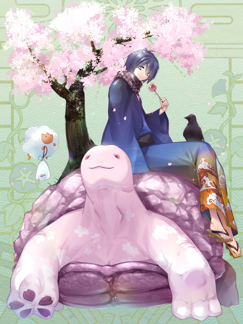 bag bagged_fish bird blue_kimono candy_apple cherry_blossoms cloud_print crow dairoku_ryouhei fish food green_background green_eyes highres holding holding_food japanese_clothes kimono looking_at_viewer pink_eyes ranuki sandals scarf sitting sitting_on_animal solo turtle