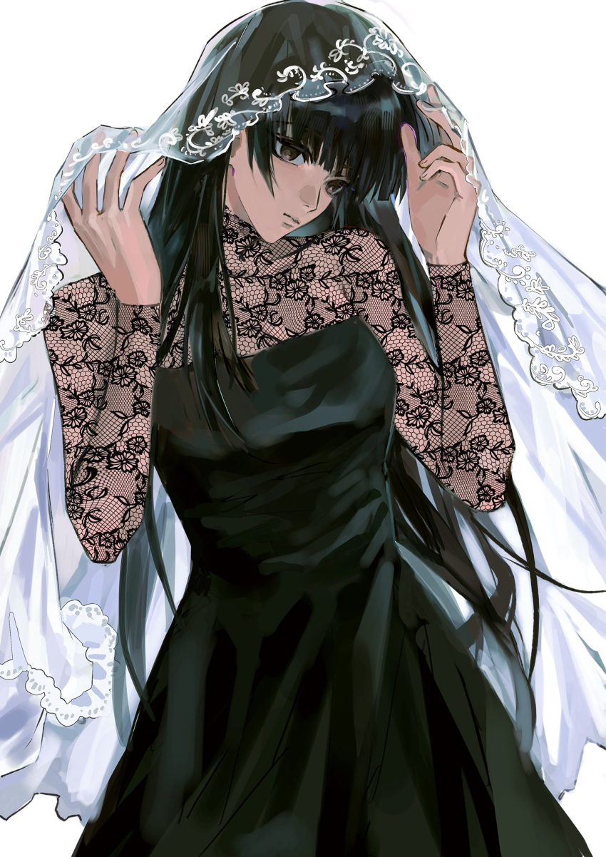 1girl arms_up black_dress black_eyes black_hair closed_mouth dress highres kuroren0402 lace lace-trimmed_veil lace_sleeves lace_trim long_hair looking_at_viewer osaragi_(sakamoto_days) sakamoto_days see-through see-through_sleeves solo upper_body veil very_long_hair white_background