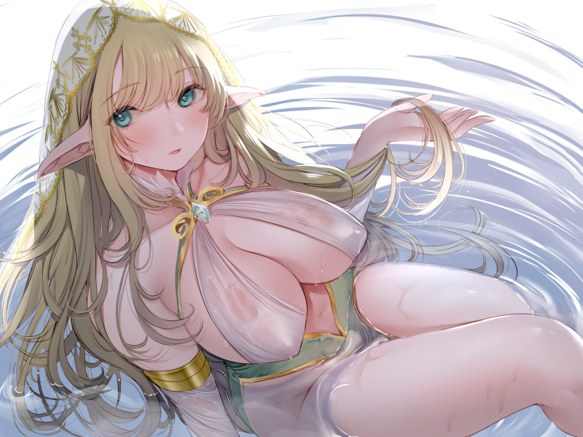 1girl absurdres amane_ruri aqua_eyes blonde_hair blush breasts cleavage collarbone covered_nipples dress elf floating_hair hair_between_eyes halter_dress halterneck highres long_hair looking_at_viewer navel non-web_source open_mouth original partially_submerged pointy_ears sidelocks solo veil wet wet_clothes white_dress