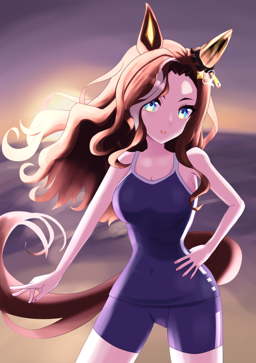 1girl absurdres animal_ears bare_shoulders blue_eyes blue_one-piece_swimsuit breasts brown_hair cleavage commentary competition_school_swimsuit cowboy_shot daring_heart_(umamusume) ear_covers highres horse_ears horse_girl large_breasts long_hair looking_at_viewer magune multicolored_hair one-piece_swimsuit school_swimsuit single_ear_cover single_vertical_stripe solo streaked_hair sunset swimsuit tail tail_through_clothes tracen_swimsuit umamusume white_hair