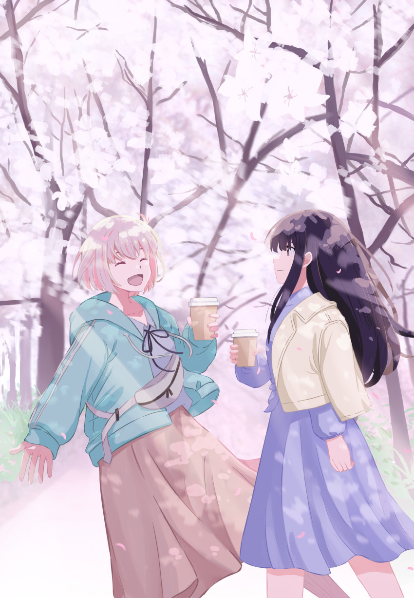 2girls ^_^ absurdres aqua_jacket black_hair black_ribbon blonde_hair blue_dress blue_shirt brown_jacket brown_skirt chai_haru cherry_blossoms closed_eyes closed_mouth collared_shirt commentary_request cup day disposable_cup dress falling_petals fanny_pack highres holding holding_cup hood hood_down hooded_jacket inoue_takina jacket jacket_on_shoulders long_hair long_sleeves lycoris_recoil multiple_girls neck_ribbon nishikigi_chisato one_side_up open_clothes open_jacket open_mouth outdoors petals purple_eyes ribbon shirt short_hair sidelocks skirt