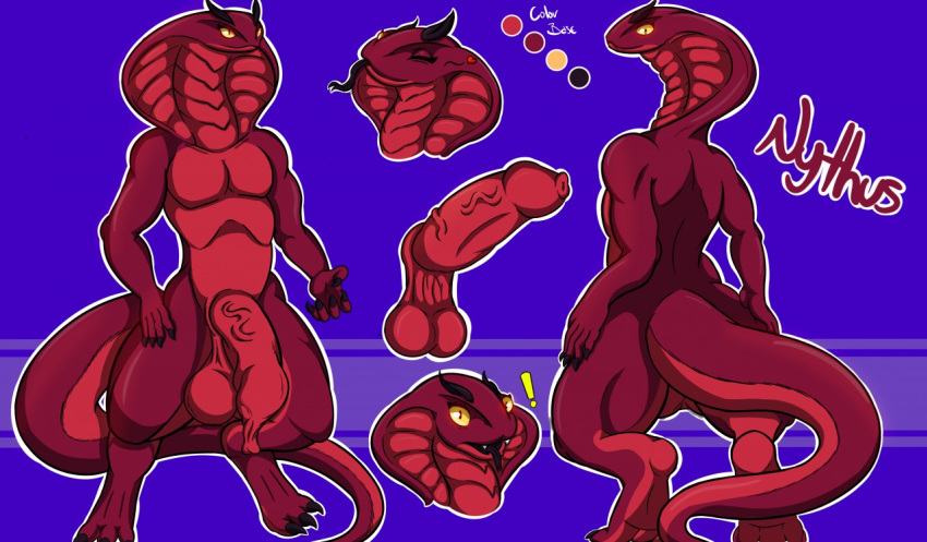 anthro balls forked_tongue genitals male model_sheet penis rear_view red_body reptile scalie snake solo tail tongue tongue_out vein veiny_penis yellow_eyes zak_hitsuji