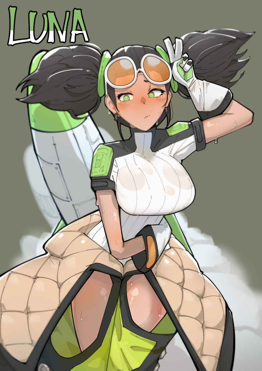 1girl absurdres arm_around_waist arm_up azz0422 black_hair blush english_commentary english_text eyewear_on_head green_eyes highres jacket looking_to_the_side luna_(omega_strikers) omega_strikers open_clothes open_jacket oversized_gloves rocket short_sleeves solo steam sunglasses sweat sweaty_clothes thigh_gap thighs tinted_eyewear twintails white-framed_eyewear